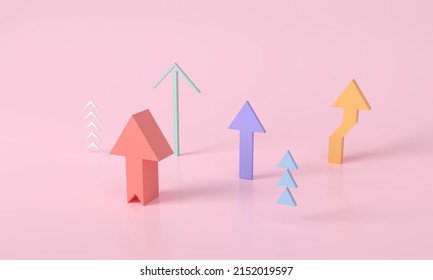 Multiple Colorful Arrow Growth Success 3d Rendering, Progress Way And Forward Achievement. Abstract Arrows Set Isolated On Pink-red Background. 3D Shapes Collection. Minimal Creative Concept