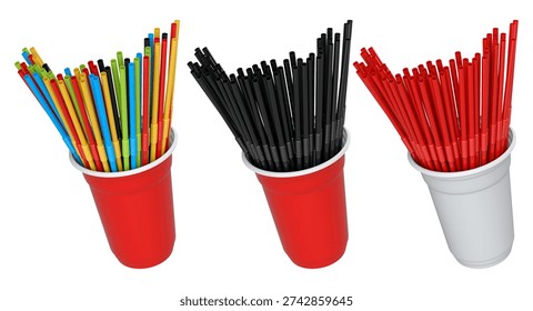 Multiple colorful plastic straws arranged in plastic cups isolated on white background, symbolizing party beverages.