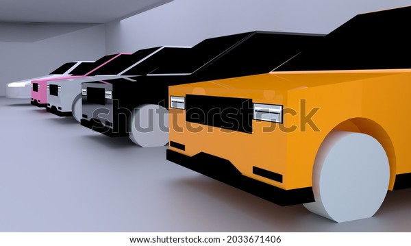 Multiple\
colourful cars on a garage 3d\
rendering