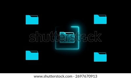 Multiple cyan folder icons are positioned around a central glowing cyan folder icon within a blue neon frame on a black background.