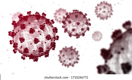 Multiple Dark Red Coronavirus Particles On A White Background. 3D Wireframe Render.