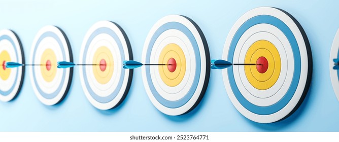 Multiple dartboards with blue arrows hitting the bullseye, arranged in a row on a blue wall background. Concept of precision and success. 3D Rendering