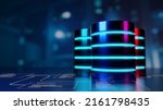 Multiple database is placed on Relational database tables with server room and datacenter background. Concept of database server, SQL, data storage, database diagram design. 3D illustration.