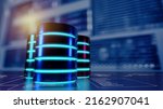 Multiple database is placed on Relational database tables with server room and datacenter background. Concept of database server, SQL, data storage, database diagram design. 3D illustration.