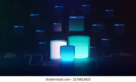 Multiple Database Is Placed On Relational Database Tables. Concept Of Database Server, SQL, Data Storage, Database Diagram Design, Data Center, Webhosting. 3D Rendering. 