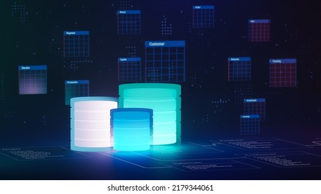 Multiple Database Is Placed On Relational Database Tables. Concept Of Database Server, SQL, Data Storage, Database Diagram Design, Data Center, Webhosting. 3D Rendering. 