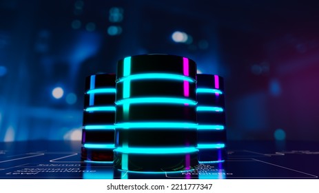 Multiple database is placed on Relational database tables with server room and datacenter background. Concept of database server, SQL, data storage, database diagram design. 3D illustration.