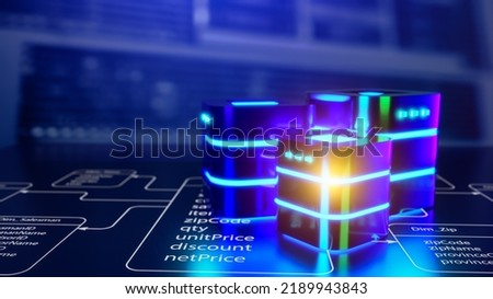 Multiple database is placed on Relational database tables with server room and datacenter background. Concept of database server, SQL, data storage, database diagram design. 3D illustration.