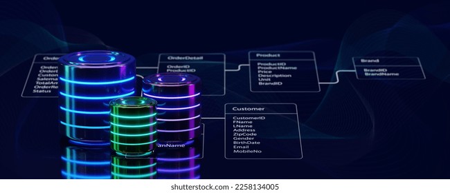 Multiple databases are placed on Relational database tables. Concept of database server, SQL, data storage, database diagram design, Datacenter, Web hosting. 3D rendering.