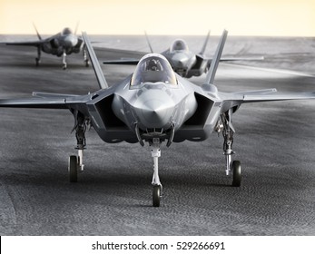 Multiple F35 Military Jet Strike Aircraft Preparing For Takeoff On A Strike Mission. 3d Rendering