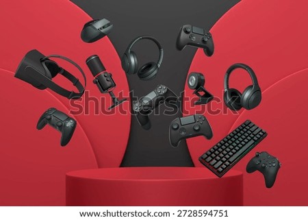 Multiple gaming devices and accessories floating above podium against abstract background, concept of modern gaming tech.