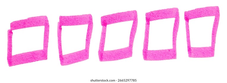 Multiple hand-drawn fuchsia rectangles, isolated on a white background. Five bright pink scribble frames drawn with a felt-tip marker, ideal for highlighting or checklist designs.