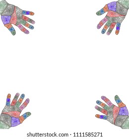 Multiple hands on over white background, hand painting and draw, decorative series with pen line, colorful pattern on finger and hand.