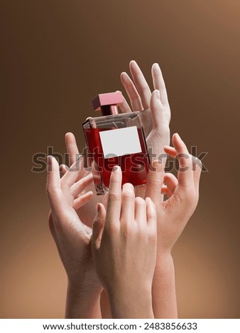 Multiple hands reaching for a red perfume bottle with a pink cap against a brown background. Beauty and desire concept. Mock-up. 3d rendering