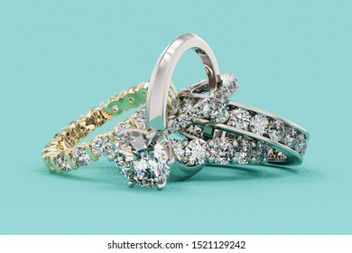 Multiple Interwoven Diamond Rings On Turquoise Background. 3D Illustration