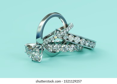 Multiple Interwoven Diamond Rings On Turquoise Background. 3D Illustration