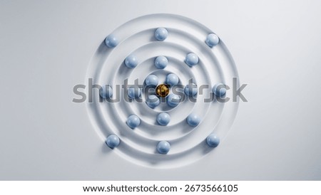 Multiple light blue spheres are orbiting a golden sphere in a white concentric circle pattern, symbolizing leadership and influence