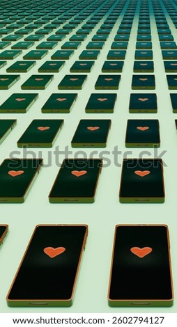 Multiple mobile phones arranged in pattern with voxel heart symbol on screen, green background, representing digital communication, technology, love messaging, online interaction, social connection