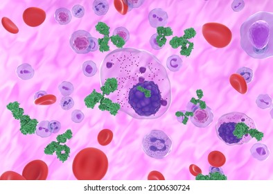 Multiple Myeloma Cells Emitting M (Monoclonal) Protein In The Blood Flow - Isometric View 3d Illustration