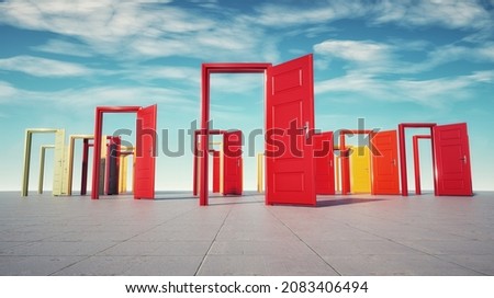 Multiple opened doors. Hard choices and change concept. This is a 3d render illustration