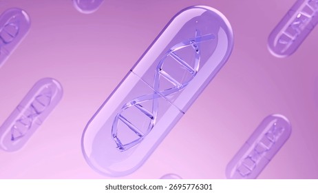 Multiple purple translucent capsules with visible DNA strands inside. 3D render