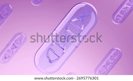 Multiple purple translucent capsules with visible DNA strands inside. 3D render