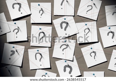 Multiple question mark stickers pinned with blue tacks and red strings on wooden wall background, concept of investigation, query, and curiosity. 3D Rendering.