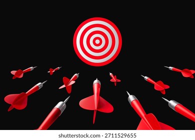Multiple red darts flying toward a red and white bullseye target, 3D Rendering style on dark background, concept of precision, goal, and creative success