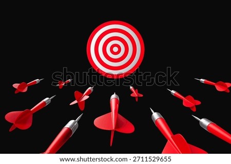 Multiple red darts flying toward a red and white bullseye target, 3D Rendering style on dark background, concept of precision, goal, and creative success