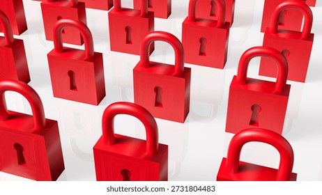 Multiple red padlocks arranged in rows representing security protection restriction privacy data safety access control and warning concept on a clean minimal background