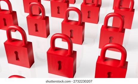 Multiple red padlocks arranged in rows representing security protection restriction privacy data safety access control and warning concept on a clean minimal background