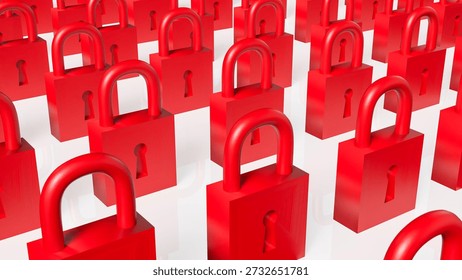 Multiple red padlocks arranged in rows representing security protection restriction privacy data safety access control and warning concept on a clean minimal background