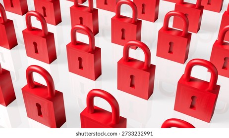 Multiple red padlocks arranged in rows representing security protection restriction privacy data safety access control and warning concept on a clean minimal background