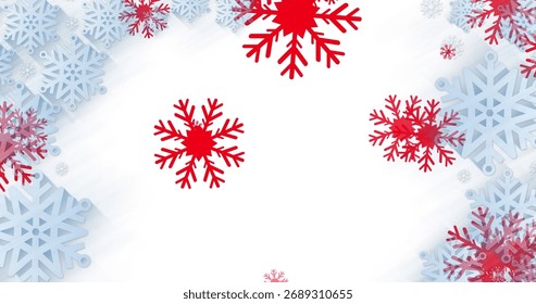 Multiple red snowflakes icons falling against blue snowflakes frame eon white background. christmas festivity and celebration concept