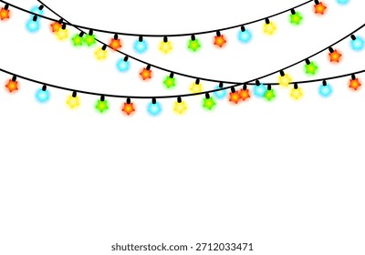Multiple rows of colorful glowing festive lights hanging on wires for celebration backdrops and holiday atmosphere.