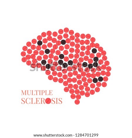 Multiple sclerosis awareness poster with brain made of pills on white background. MS awareness sign. Side view. Medical solidarity day concept.