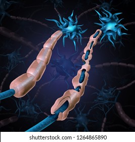 Multiple Sclerosis Damaged Myelin Or MS Autoimmune Disease With Healthy Nerve With Exposed Fibre With Scarrred Cell Sheath Loss As A 3D Illustration.