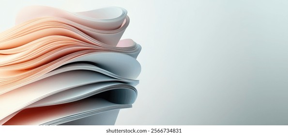 Multiple sheets of smooth, white paper are stacked in a wave like formation, showcasing soft curves and subtle shadows, creating an abstract visual effect in bright lighting.