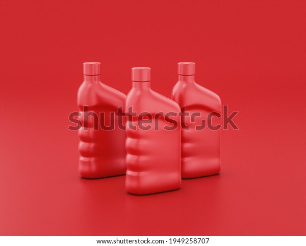 Multiple shiny red plastic motor oil\
container in red background, flat colors, single color, 3d\
rendering, car\
maintenance
