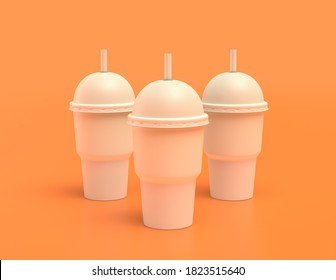 Multiple Slurpee Cups In A Row White Plastic Slurpy Caffee Containers In Yellow Orange Background, Flat Colors, Single Color, 3d Rendering,beverage Container