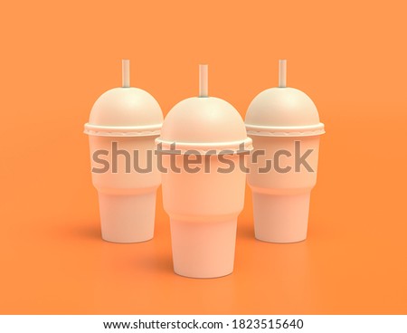 multiple slurpee cups in a row white plastic slurpy caffee containers in yellow orange background, flat colors, single color, 3d rendering,beverage container