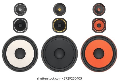 Multiple speaker cones, isolated on white background. Concept of audio and sound systems.