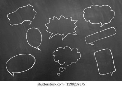 Multiple speech balloons drawing on blackboard or chalkboard as talk balloons with text copy space area concept