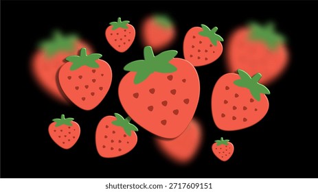 Multiple strawberries floating with soft blur glow effect on dark background