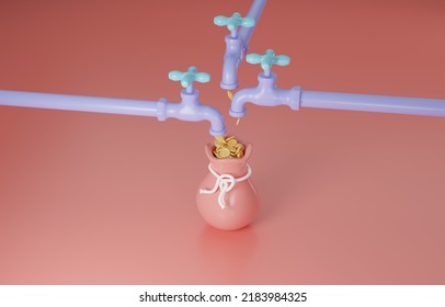 Multiple Streams Of Income For Building Wealth, Money Coins Flow Out From Pipe Into Money Bag, 3D Illustration.