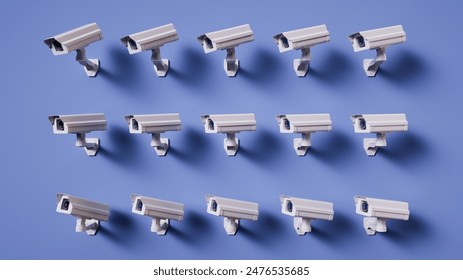 Multiple video cameras on a blue wall, focused on the left. Metaphor of total control. Security monitoring. 3d render