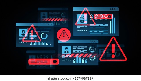 Multiple warning signs overlaying digital profile interfaces with data charts. Blue and red elements, dark background. Concept of cybersecurity threats. 3D Rendering.
