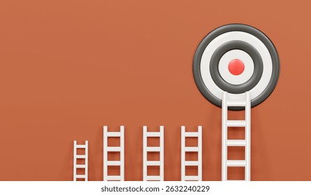 Multiple white stairs and only one step to reach the goal of success. To achieve business objectives and goals. Horizontal 3D illustration.