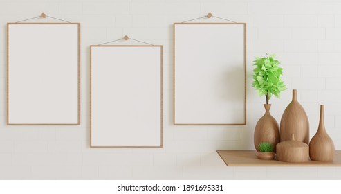  Multiple Wooden Frame Mockup 3d Realistic Rendered. Wooden Frame With With Plant Vase Decoration On The Wooden Table