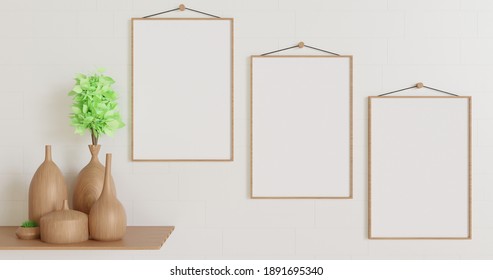  Multiple Wooden Frame Mockup 3d Realistic Rendered. Wooden Frame With With Plant Vase Decoration On The Wooden Table, Minimalist Background